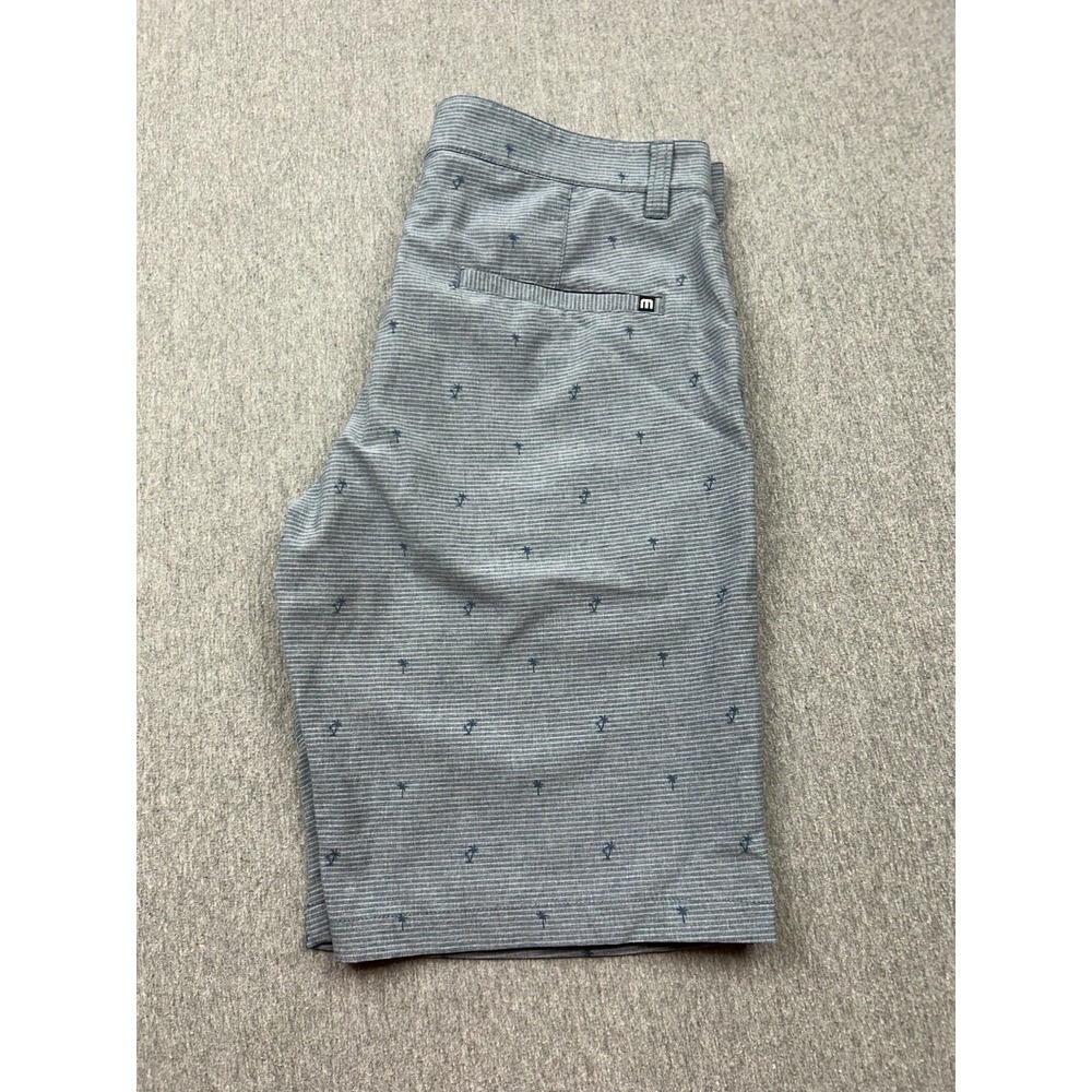 Travis Mathew Golf Shorts Mens 32x11 Blue Flat Front Palm Tree Striped Stretch